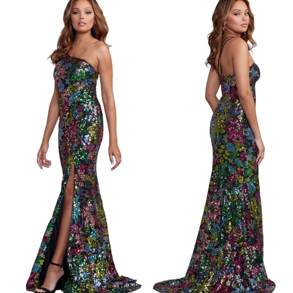 NWT Promgirl One Shoulder Floral Sequin Dress Gown